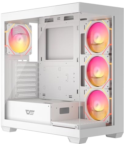 darkFlash DS900 ATX Mid-Tower Gaming PC Case, Dual Tempered Glass Full View Design, 1× Pre-Installed PWM Fan (Non-RGB), Front Type-C Port, Supports 360mm Radiator, White