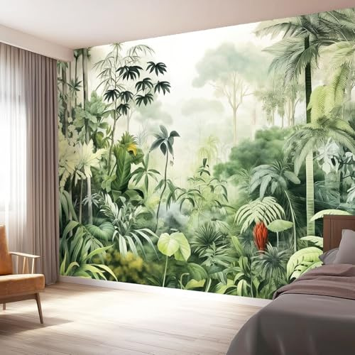 Wall Murals 300 x 210 cm, Plant and Forest Pattern Wall Fabric Removable, Watercolor Style Large Photo Wallpaper for Living Room Bedroom Bathroom Office Dining Room Kid's Room Home Decor