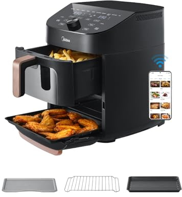 Midea Friggitrice ad Aria Verticale Doppia Zona 10 in 1, 11L, 2400W | 2 Cassetti 5L & 6L, Componenti Antiaderenti Lavabili in Lavastoviglie, Connettività Wi-Fi, Compatibile con App, Nero