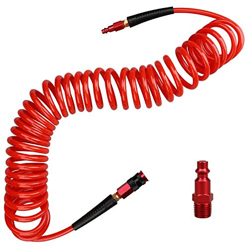 Hromee 1/4 in x 25 ft Polyurethane Recoil Air Hose with Bend Restrictors Compressor Hose with 1/4 Industrial Universal Quick Coupler and I/M Plug Kit, Red