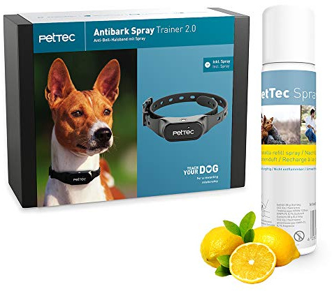 PetTec Collare antiabbaio per Cani con Segnale Spray Automatico, Incluso Spray con Profumo di Limone, Collare da addestramento, Fa Smettere di abbaiare Cani di Taglia Piccola e Grande