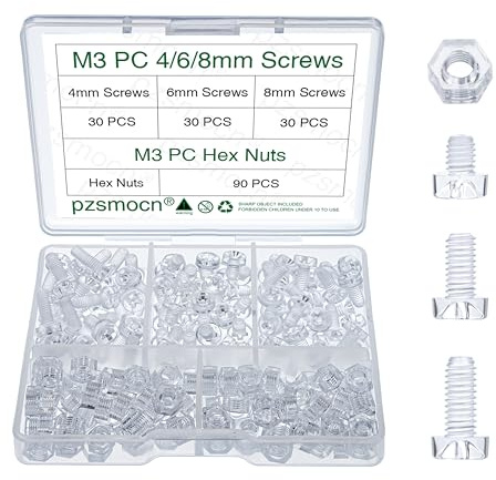 Pzsmocn 180 Pièces M3*4mm / M3*6mm / M3*8mm en Plastique PC transparent Croix Tête Ronde Vis Écrou Hexagonal Combinaison Kit, pour Bricolage, Modèles et Fixation de Produits Électroniques.