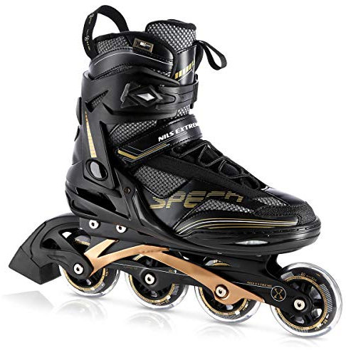 Nils Extreme Inliner für Herren und Damen - Inline Skates - ABEC9 Chrome Kugellager – Rollerblades Erwachsene - 82A Rollen - Rollerskates 43 - Schwarz und Gold - NA2150