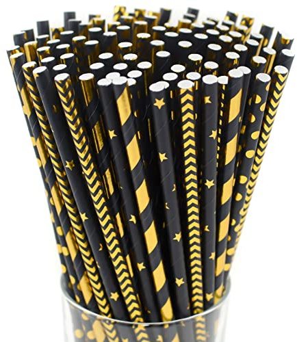 Schwarz, Gold, Schwarz und Gold, Streifen, Stern, Chevron, Einweg-Papierstrohhalme, 100 Stück, für Trinken, Cocktails, Basteln, Cake-Pops, Brautparty, Geburtstag, Weihnachtsdekoration