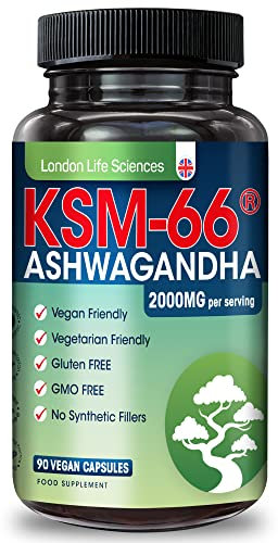 LONDON LIFE SCIENCES KSM-66 Ashwagandha 2000mg Organic and with Shilajit Root Extract Vegan Higher Bioavailability, Non-GMO (90-Day Supply, 2000mg)
