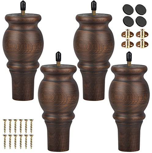TCHOSUZ 6 inch / 15cm Wooden Furniture Legs, Pack of 4 Classic Glaze Solid Wood Turned DIY Replacement Bun Feet with M8 Hanger Bolts & T-Nuts for Sofa Couch Cabinet Buffet Table Ottoman Riser