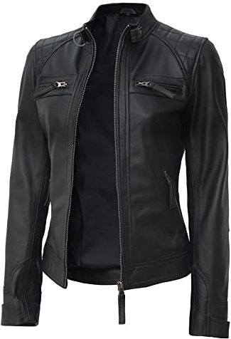 Blingsoul Braune Lederjacke für Damen, Cafe Racer, schwarze Damen-Lederjacken, Diamond1 - Schwarze Jacke, L