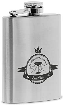 stempel-fabrik – gravierter mini Flachmann aus Edelstahl – Funktioniert auch mit Eierlikör - Taschenflasche zum Wandern, Klettern, Camping und Co – Geschenkidee für Outdoor-Ausflüge (7 x 10,5 x 2 cm)
