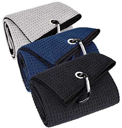 LUSTEMBER 3 Pack Large Golf Towels, 16 x 24 Tri-Fold Portable Microfiber Fabric Waffle Pattern Golf Towel for Golf Bag with Carabiner Clip to Quickly Remove Sand, Mud, Dirt and Sweat