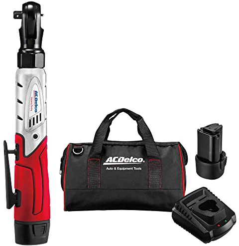 ACDelco ARW1208-P2G Lithium-Ion 12V (10.8V) 3/8 Electric Heavy Duty Cordless Ratchet Wrench Set Power Tool Kit | Tool Set Includes x2 Battery Packs, x1 Charger & Canvas Bag