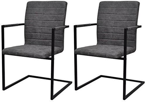 Tidyard 2er Set Esszimmerstühle mit Armlehne | Freischwinger Essstuhl Küchenstuhl | PU-Leder Schwingstuhl mit Stahlrahmen 53 x 61 x 88,2 cm Grau Geriffelt