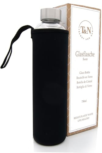 T&N Bouteille en verre de 750ml – Gourde de 0,75l avec housse en néoprène – Bouteille d'eau anti-fuite – En verre borosilicate plus épais pour boissons gazeuses - Utilisation comme carafe