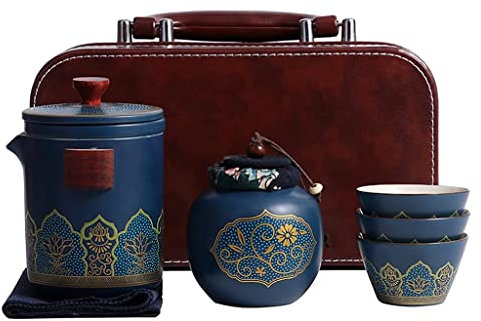 fikujap Service à thé de Voyage Service a Thé en Porcelaine Voyage Portable Ensemble de Tasses a Thé, Chinois/Japonais Vintage Théière, Tasses a Thé, Boîte a Thé Gongfu Sachet-Cadeau de Service,Bleu