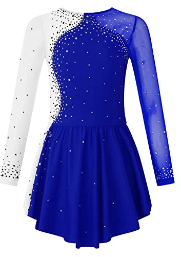 ranrann Enfant Fille Robe Patinage Artistique Manches Longues Strass Brillant Justaucorps Gymnastique Bodysuit Sport Costume Spectacle 5-16 Ans A Bleu 9-10 Ans