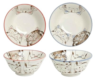 Tokio Japan Design Katzen Schalen Kawaii Cat Tayo Schüssel Black Green Blue & Pink | Nippon Porzellan Ramen Reis Nudel Suppen Dessert Bowl | süße Katzenschälchen (2x Three Cats 15x7cm 500ml BluePink)
