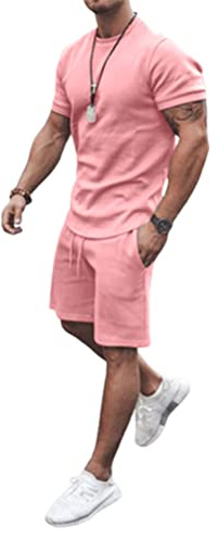 Onsoyours 2 Teiliges T-Shirt und Hosen Sets Herren Shirt Shorts Jogginganzug Druck Freizeitanzug Mode Outfit Sweathose Kurze für Männer Sommer Freizeitanzug D Rosa L
