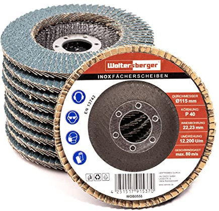 Woltersberger® SET mit 8 Stück INOX Fächerscheiben Ø 125mm | Körnung P40, P60, P80, P120 | Blau für Edelstahl, Metall/Stahl, Holz | Zirkonkoround Schleifmop Lamellenscheiben