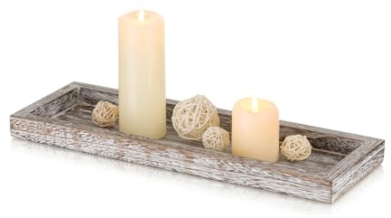 Romadedi Rustic Decorative Wood Candle Tray - 15 Wooden Long Narrow Tray Candle Holder, Farmhouse Small Trays for Coffee Table Centerpieces Dining Room Kitchen Countertop Home Decor, Whitewashed