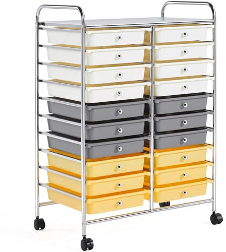 Yaheetech Rollwagen Badrollwagen Rollcontainer mit 20 stapelbaren Schubladen Allzweckwagen Metallgestell Aufbewahrungswagen Beistellwagen für Büro Küche Bad Wohnzimmer Gelb/Grau/Beige