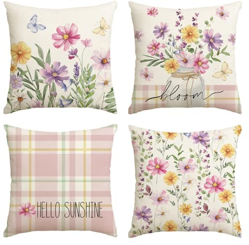 Artoid Mode Blumen Vase Blätter Frühling Kissenbezüge 4er Set, 45x45 cm Sommer Strifen Tupfen Sunshine Zierkissenbezug Couch Wohnzimmer Deko