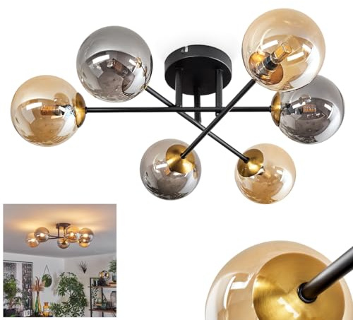 HOFSTEIN Deckenleuchte Chehalis, 6-flammige Deckenlampe aus Metall/Glas in Schwarz/Gold/Bernstein/Rauch, Leuchte im Vintage-Design, Ø Schirme 12 cm, G9, Esszimmer, Schlafzimmer, Wohnzimmer, Küche