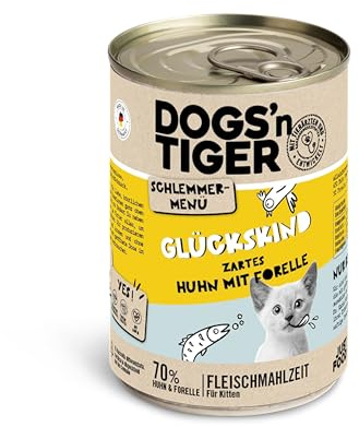 Dogs'n Tiger Schlemmermenü Glückskind, Nassfutter für Kätzchen, saftiges Huhn und Forelle - ohne Getreide, Zuckerzusatz, künstliche Konservierungsstoffe, optimale Verträglichkeit, 6x400g
