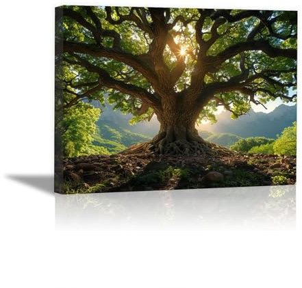 JOSUE Albero Della Vita Paesaggio moderno Quadri Su Tela,Oro, Verde Quadri Arredo Per Soggiorno Salotto Ufficio Bar Ristorante-75x115cm Incorniciato