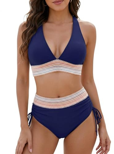 Hicodbek Bikini Damen Set Sexy Badeanzug Bademode Hohe Taille Farbblock Zweiteiliger Kordelzug Badeanzüge Bikinis für Frauen (DE/NL/SE/PL, Alphanumerisch, L, Regular, Regular, Marineblau)