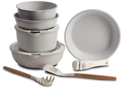 BERGNER- Set 10 PZS Pentole Easy Click Beige, Include padelle, casseruole, coperchi e utensili, Alluminio fuso, Rivestimento antiaderente in marmo, Maniglia staccabile