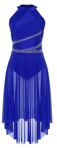TiaoBug Damen Metallic Eiskunstlauf Kleid Asymmetrische Rollschuhkleider Ärmellos Neckholder Tanzkleid mit Raffung Tutu Rock Kürkleid Tanzbekleidung