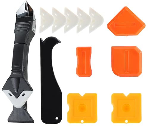 Sibba 3 in 1 Silicone Caulking Tools 12Pcs Sealant Finishing Remover Scraper Kit Multifunction Hand Tools Orange Grout Caulk Remover Applicator for Kitchen Bathroom Floor Window