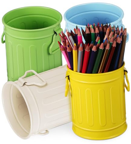 AUTSUPPL 4pcs Metal Pen Holder Set 11.5x9.2x8.8cm, Warm White Blue Green Yellow Desktop Stationery Organizer for Office Desk and Makeup Brush Storage