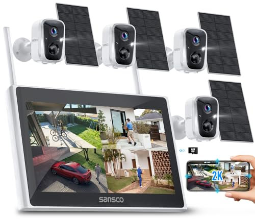 SANSCO 2K Wireless Security Camera System, 10CH 10 inch LCD Monitor NVR with 128GB SD Card, 4PCS 4MP Solar WiFi Camera Outdoor, PIR Human Detection, 2-Way Audio, Color Night Vision, 5G & 2.4G WiFi