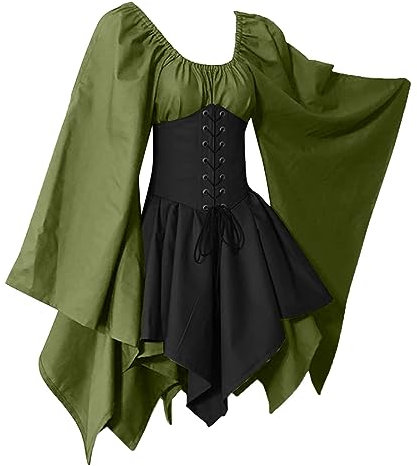 Piratenkostüm Damen Langarm Piratenkleid Damen mit Korsett Grün Schwarz Piraten Kleid Kurz Pirat Kleider A Linien Fasching Kostüme Karneval Kostüm Mini Dress Piratenkleider Frauen