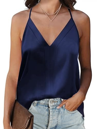 Koerye Canotta da Donna in Raso Spalline Sottili Scollo a V Tank Shirt Basic Estivo Casual Camisole Seta Senza Maniche Top Navy,L