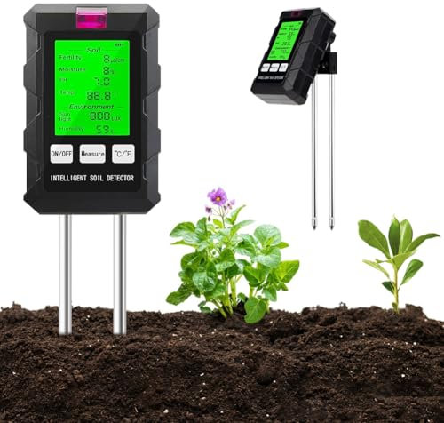 SOARFLY 6-in-1 Bodenmessgerät Digital, PH Wert Messgerät Erde mit Temperatur/Feuchtigkeit/Licht/Fruchtbarkeit/Luftfeuchtigkeit, Bodentester für Garten, Rasen, Landwirtschaft, Outdoor Pflanzen