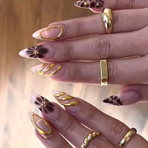 24Pcs Künstliche Nägel Mandel Mittel, Nude Rosa Französisch Falsche Nägel, Gold Streifen & Blumen Stiletto Fingernägel zum Aufkleben, 12 Größe Fake Nails Kunstnägel für Frauen Mädchen