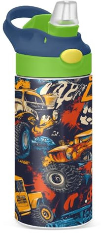 JUMBEAR Bouteille d'eau isotherme de 350 ml avec couvercle à paille en acier inoxydable pour garçons et filles Motif camion graffiti