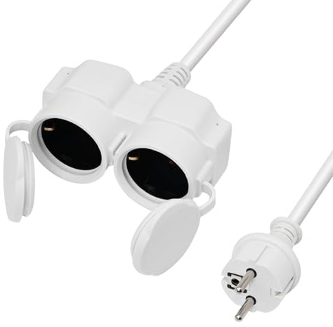 XUANSHI Verlängerungskabel Outdoor 3m mit 2 Schuko-Steckdosen, Doppel-Verlängerung Stromkabel IP44 für den Außenbereich, 3G 1,5 mm² Gummi-Kabel außen - 2 Fach Verteiler mit Schutzkappe 3500W - weiß