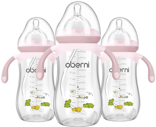 Oberni Babyflasche 330 ml, 11oz, beschwerter Strohhalm, Kleinkind-Milchflasche mit variablem Sauger (Größe +), ab 12 Monaten, Rosa/3 Stück