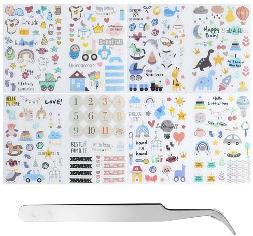 8 Fogli (212 pezzi) A4 Scrapbooking Adesivi Album Fotografico con Pince,Adesivi Nascita Album,Stickers Agenda Mesi,Stickers Bullet Journal, per Calendario, Scrapbook