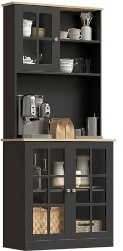 HOMCOM Alacena de Cocina con 3 Puertas de Vidrio, 80x37x183 cm, Negro | Mueble Auxiliar de Cocina, Encimera Abierta para Microondas, Estantes Ajustables, Compartimentos Abiertos
