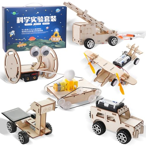 Mecctuck 6 experimentos para niños a partir de 8, 9, 10, 11, 12, kit de experimentos, electrónica, kit de construcción de madera, coches, aviones, naves espaciales, juegos de construcción eléctrica