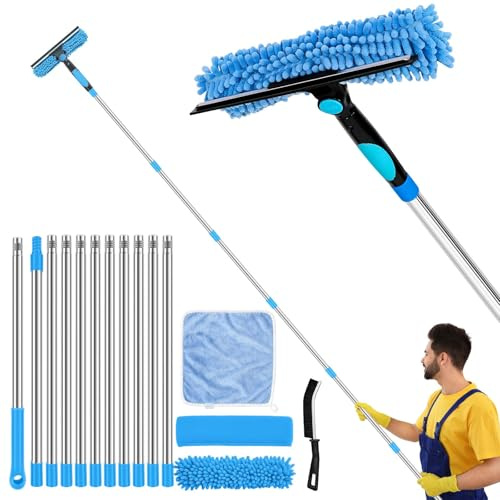 4.5M Window Squeegee Cleaning Equipment Kit with Long Pole, 2 in 1 Extendable Window Cleaner 180° Rotatable Telescopic Window Cleaner with Squeegee and Microfiber Cloth for Indoor/Outdoor