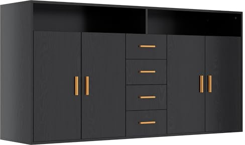 HOMAVO BG1-L Aparador con 2 Puertas y 4 Cajones, 160x81x40 cm, Tablero de Partículas con Revestimiento de Melamina, Tiradores Dorados, Moderno (Negro)