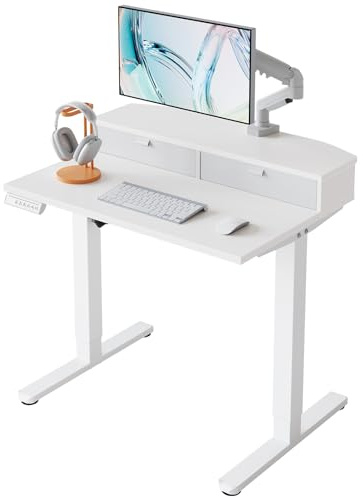 HUANUO 80 x 53 cm Small Electric Standing Desk with Drawers, C-Clamp Mount Compatible, Height Adjustable Sit Stand Desk, Home Office Stand Up Desk with 4 Memory Height Settings, White