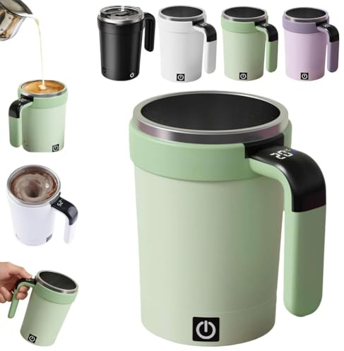 Automatic Magnetic Stirring Coffee Mug with Temperature Display, Rechargeable Stirring Mug, Multifunctional Spin Mugs with Lid, Auto Stirrings Coffee Cup for Home Office School (Green)