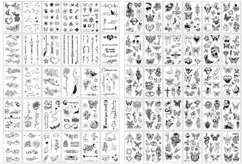 60 tatouages temporaires noirs représentant l'alphabet avec les doigts, pour femmes/hommes, autocollants de faux tatouages, pour le visage/cou/bras, fleurs, papillons, cœurs, crânes