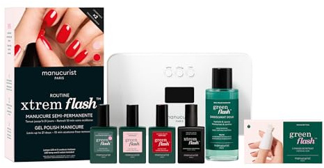 Manucurist Green Flash LED Xtrem Flash™ Gel Nail Polish Set – 36W Lamp, Base & Top Coat Nail Polish, Poppy Red, Hortencia, Remover & Clips – Long Wear Gel Varnish – Manicure Kit - Up to 21 days Wear | 21 dagars halvpermanent lacksats - topplack, 36 W LED-lampa, baslack, borttagningsmedel, tång, 2 nagellack