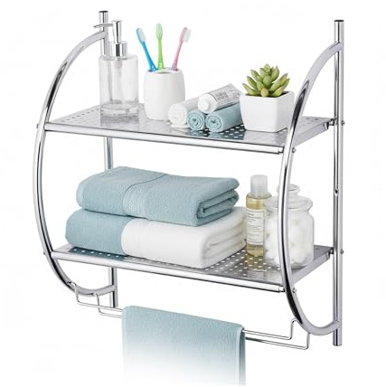 Relaxdays Badregal, Wandregal mit 2 Ablagen, 2 Handtuchstangen, HBT 54,5 x 44,5 x 25,5 cm, Badezimmer, Edelstahl, Silber